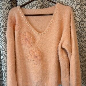 SHEIN Peach Fuzzy V-Neck Sweater with Pearl Trim & Floral Appliqués